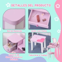HOMCOM Tocador Infantil con Taburete y Espejo tipo Princesa Mesita de Maquillaje de Madera Rosa Juguete para Niñas 60x34x93 cm(m-6)