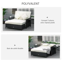 Outsunny Canapé-lit de jardin modulable en résine tressée bain de soleil 2 places dossier inclinable tablettes rétractables coussins intégrées crème + repose-pieds avec coffre de rangement chocolat(m-4)