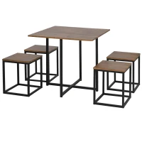 HOMCOM 5 Piece Dining Table and Chairs Set 4, Industrial Space Saving Table and Chairs with Metal Frame, Square Kitchen Table and Stools for Dining Room, Brown(m-1)