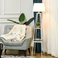 HOMCOM Lámpara de Pie Trípode de Metal Casquillo E27 de Máximo 40W con Pantalla de Lino y Estante de 2 Niveles 32,5x32,5x157,3 cm Blanco(m-10)