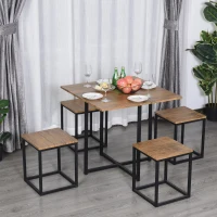HOMCOM 5 Piece Dining Table and Chairs Set 4, Industrial Space Saving Table and Chairs with Metal Frame, Square Kitchen Table and Stools for Dining Room, Brown(m-14)