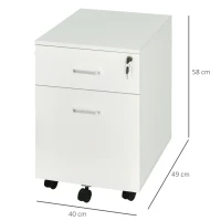 Vinsetto Cajonera de Oficina con Ruedas Mueble Archivador con 2 Cajones para Documentos en Tamaño A4 Cerradura 40x49x58 cm Blanco(m-3)