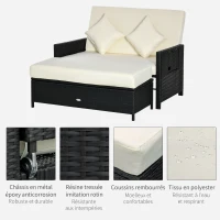Outsunny Canapé-lit de jardin modulable en résine tressée bain de soleil 2 places dossier inclinable tablettes rétractables coussins intégrées crème + repose-pieds avec coffre de rangement chocolat(m-8)