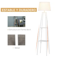 HOMCOM Lámpara de Pie Trípode de Metal Casquillo E27 de Máximo 40W con Pantalla de Lino y Estante de 2 Niveles 32,5x32,5x157,3 cm Blanco(m-6)