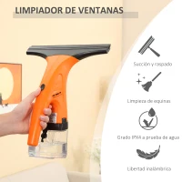 HOMCOM Limpiador de Ventanas Eléctrico 2 en 1 Aspirador Limpiacristales con Depósito de Agua 300 ml y Punta de Goma Incluye Pulverizador 19,5x12,5x33 cm Naranja(m-4)