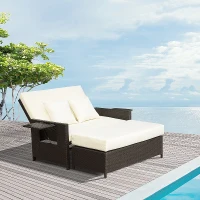 Outsunny Canapé-lit de jardin modulable en résine tressée bain de soleil 2 places dossier inclinable tablettes rétractables coussins intégrées crème + repose-pieds avec coffre de rangement chocolat(m-2)