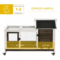 PawHut Coelheira de Madeira com Rodas para 1-2 Coelhos com Teto Abatível Bandeja Amovível 108x58x73,5cm Marrom Café e Branco(m-4)