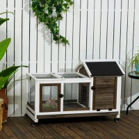 PawHut Coelheira de Madeira com Rodas para 1-2 Coelhos com Teto Abatível Bandeja Amovível 108x58x73,5cm Marrom Café e Branco(m-2)