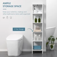 Kleankin Raft Baie cu 5 Etajere, Mobilier Baie Modern din Lemn, 30x30x140cm, Alb(m-4)