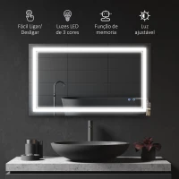 kleankin Espelho Casa de Banho com Luz LED com Interruptor Tátil 3 Luzes Ajustáveis Função de Memória 100x60cm Prata(m-4)