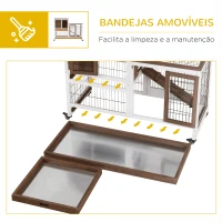 PawHut Coelheira de Madeira com Rodas Gaiola para Coelhos de 2 Pisos com Rampa e 2 Bandejas Removíveis 110x50x86cm Marrom(m-6)