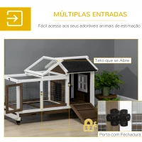 PawHut Coelheira de Madeira com Rodas para 1-2 Coelhos com Teto Abatível Bandeja Amovível 108x58x73,5cm Marrom Café e Branco(m-5)