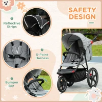 HOMCOM Foldable Three-Wheeler Baby Stroller w/ Canopy, Storage Basket - Grey(m-8)