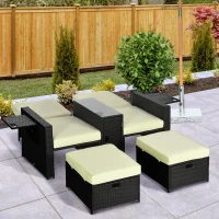 Outsunny 5PC PE Rattan Sun Lounger, Outdoor Wicker 5-level Adjustable Recliner Sofa Bed with Storage Side Table and Footstools, for Patio, Garden, Poolside, Black(m-10)