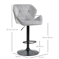 HOMCOM Bar Stools Set Of 2, Luxurious Velvet-Touch Barstools with Metal Frame Footrest Round Base Triangle Indenting Moulded Seat Adjustable Height Swivel Grey(m-3)
