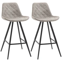 HOMCOM Set Of 2 Bar Stools Vintage Microfiber Cloth Tub Seats Padded Comfortable Steel Frame Footrest Quilted Home Bar Cafe Kitchen Chair Stylish Grey(m-1)