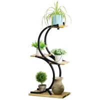 Outsunny Stojak na rośliny z 4 półkami, Lite drewno, odporny na warunki atmosferyczne, 46 cm x 25 cm x 91 cm, Czarny + Naturalny(m-1)