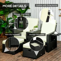 Outsunny 5PC PE Rattan Sun Lounger, Outdoor Wicker 5-level Adjustable Recliner Sofa Bed with Storage Side Table and Footstools, for Patio, Garden, Poolside, Black(m-7)