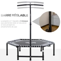 HOMCOM Trampoline de Fitness / Gymnastique Pliable haute performance Ø 122 cm élastiques Bungee + guidon hauteur réglable 122-138 cm gris noir(m-5)