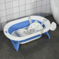 HOMCOM Vaschetta Bagnetto Pieghevole per Bambini 0-3 Anni con Indicatore di Temperatura e Cuscino, 81.5x50.5x23.5 cm, Blu(m-2)