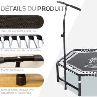HOMCOM Trampoline de Fitness / Gymnastique Pliable haute performance Ø 122 cm élastiques Bungee + guidon hauteur réglable 122-138 cm gris noir(m-6)
