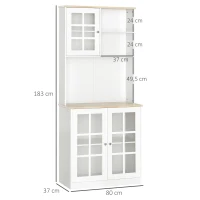 HOMCOM Freestanding Kitchen Cupboard, Storage Cabinet with Doors and Adjustable Shelves, Counter Top, Grid Glass Doors, 80L x 37W x 183H cm - White(m-3)