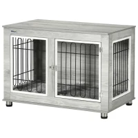 PawHut Dog Crate Furniture, Side End Table, Indoor Dog Kennel with Soft Washable Cushion, Wire Mesh, Large Top, for Medium and Large Dogs,90 x 58 x 65, Grey(m-11)