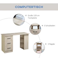 HOMCOM Schreibtisch Computertisch Bürotisch Arbeitstisch Regal mit 3 Schubladen Regale Natur 120 x 49 x 72 cm(m-4)