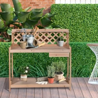 Outsunny Fir Wood Outdoor Garden Table w/ Drawer Potting Bench with Bottom Shelf Hooks Trellis for Garage Greenhouse(m-9)