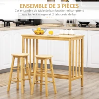 HOMCOM Ensemble table de bar rectangulaire + 2 tabourets ronds bambou avec repose-pieds 3 pièces 98 x 53 x 90 cm bois naturel(m-4)