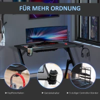 HOMCOM Gaming Tisch Schreibtisch mit Kopfhörerhaken Getränkehalterung R-förmiger Computertisch MDF Metall Schwarz+Blau 110 x 59 x 75 cm(m-6)