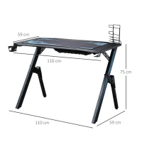 HOMCOM Gaming Tisch Schreibtisch mit Kopfhörerhaken Getränkehalterung R-förmiger Computertisch MDF Metall Schwarz+Blau 110 x 59 x 75 cm(m-3)