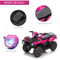 HOMCOM 12V Kids Quad Bike with Forward, Reverse Functions, Ride-On ATV w/ Music, LED, Headlights, for Ages 3-5 Years - Pink(m-7)