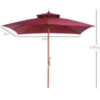 Outsunny 3 x 3(M) Garden Parasol Umbrella Sunshade, Outdoor Wooden Parasol with Double Tier Canopy, Wine Red(m-3)