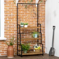 Outsunny 3 Tiered Plant Stand with Hanging Hooks, Flower Rack Shelf for Indoor Outdoor Porch Balcony Living Room Bedroom(m-10)