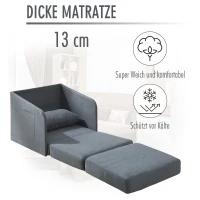 HOMCOM Schlafsofa Sofabett Einzelsofa Waschbarer Bezug 2 Seitentaschen Kissen Metall Grau 70 x 76 x 77 cm(m-6)