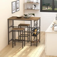 HOMCOM Set Masa cu 2 Scaune de Bar din Lemn 8 Suporturi pentru Sticle 4 Suporturi pentru Pahare(m-2)