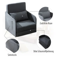 HOMCOM Schlafsofa Sofabett Einzelsofa Waschbarer Bezug 2 Seitentaschen Kissen Metall Grau 70 x 76 x 77 cm(m-5)
