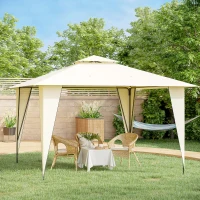Outsunny 3.5x3.5m Side-Less Outdoor Canopy Tent Gazebo w/ 2-Tier Roof Steel Frame Garden Party Gathering Shelter Beige(m-11)
