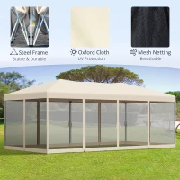 Outsunny 3 x 6m Garden Outdoor Metal Gazebo Water-Resistant Pop-Up Party Tent Canopy Marquee with Mesh Sidewalls Plus Free Storage Bag - Beige(m-4)