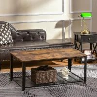 HOMCOM Table Basse Vintage rectangulaire Style Industriel avec étagère métal Noir Panneaux Particules Imitation Bois(m-2)