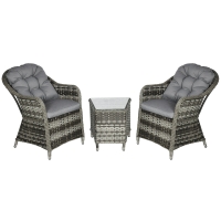 Outsunny 3 PCS Rattan Seating Set | 2 Armchairs & Table | Outdoor Patio Furniture, Bistro Set w/ Cushions Glass Tabletop