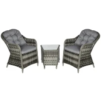 Outsunny 3 PCS Rattan Seating Set | 2 Armchairs & Table | Outdoor Patio Furniture, Bistro Set w/ Cushions Glass Tabletop(m-1)