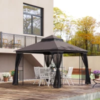 OUTSUNNY 3 x 3 Meter Metal Gazebo Garden Outdoor 2-tier Roof Marquee Party Tent Canopy Pavillion Patio Shelter with Netting and Shelf Coffee(m-2)