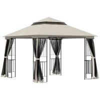 Outsunny 3 x 3m Outdoor Patio Gazebo Canopy with Double Tier Roof, Removable Mesh Curtains, Display Shelves, Top Hooks, Beige(m-1)