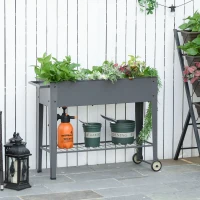 Outsunny Metal Raised Garden Bed with Wheels, Mobile Planter Box with Bottom Shelf for Plants and Flowers, Outdoor, Grey(m-2)