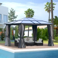 Outsunny 3.6 x 3(m) Hardtop Gazebo with UV Resistant Polycarbonate Roof & Aluminium Frame, Garden Pavilion with Mosquito Netting and Curtains(m-2)