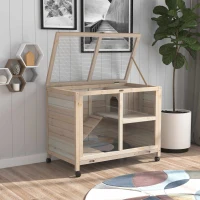 PawHut Rabbit Hutch Indoor Wooden Guinea Pig House Hamster Cage with Wheels, 2 Layers Bunny Cage with Openable Roof, 91.5 x 53.3 x 73 cm, Natural(m-14)