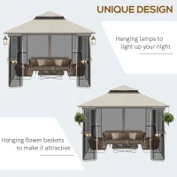 Outsunny 3 x 3m Outdoor Patio Gazebo Canopy with Double Tier Roof, Removable Mesh Curtains, Display Shelves, Top Hooks, Beige(m-5)