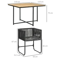 Outsunny 4 Seater Rattan Cube Garden Furniture Set, Rattan Dining Set with Cushions, Outdoor Dining Table and Chairs with Rectangular Wood Grain Plastic Top Table for Patio, Balcony, Black(m-3)